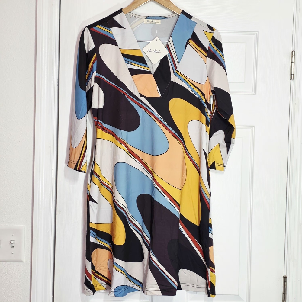 Be Boho Multicolor Black Gold Abstract Dress Size Small